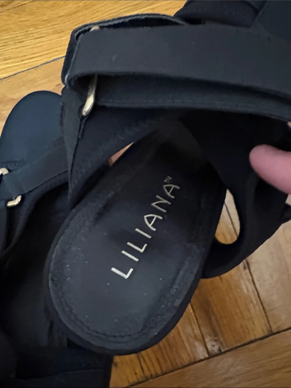 Liliana Black High Heel Platform Shoes with Ankle Straps and Gold Detaild